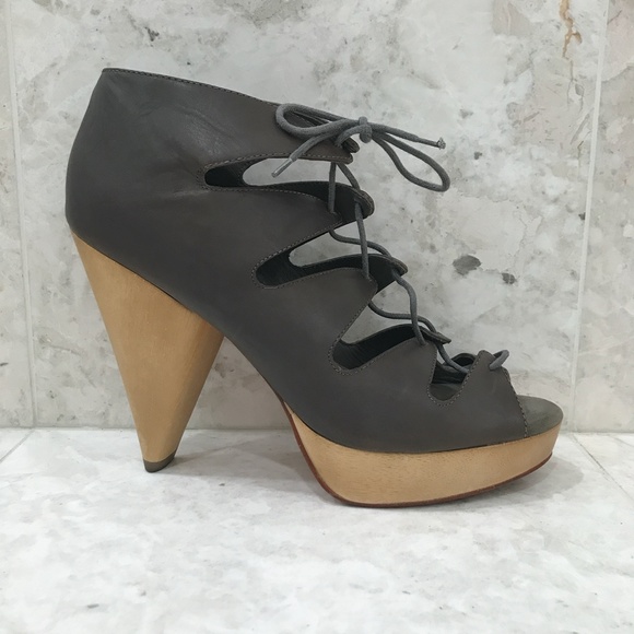 LOEFFLER RANDALL {10} Pumps Lace-Up Gray Leather Wood Heel Platform - Picture 5 of 10